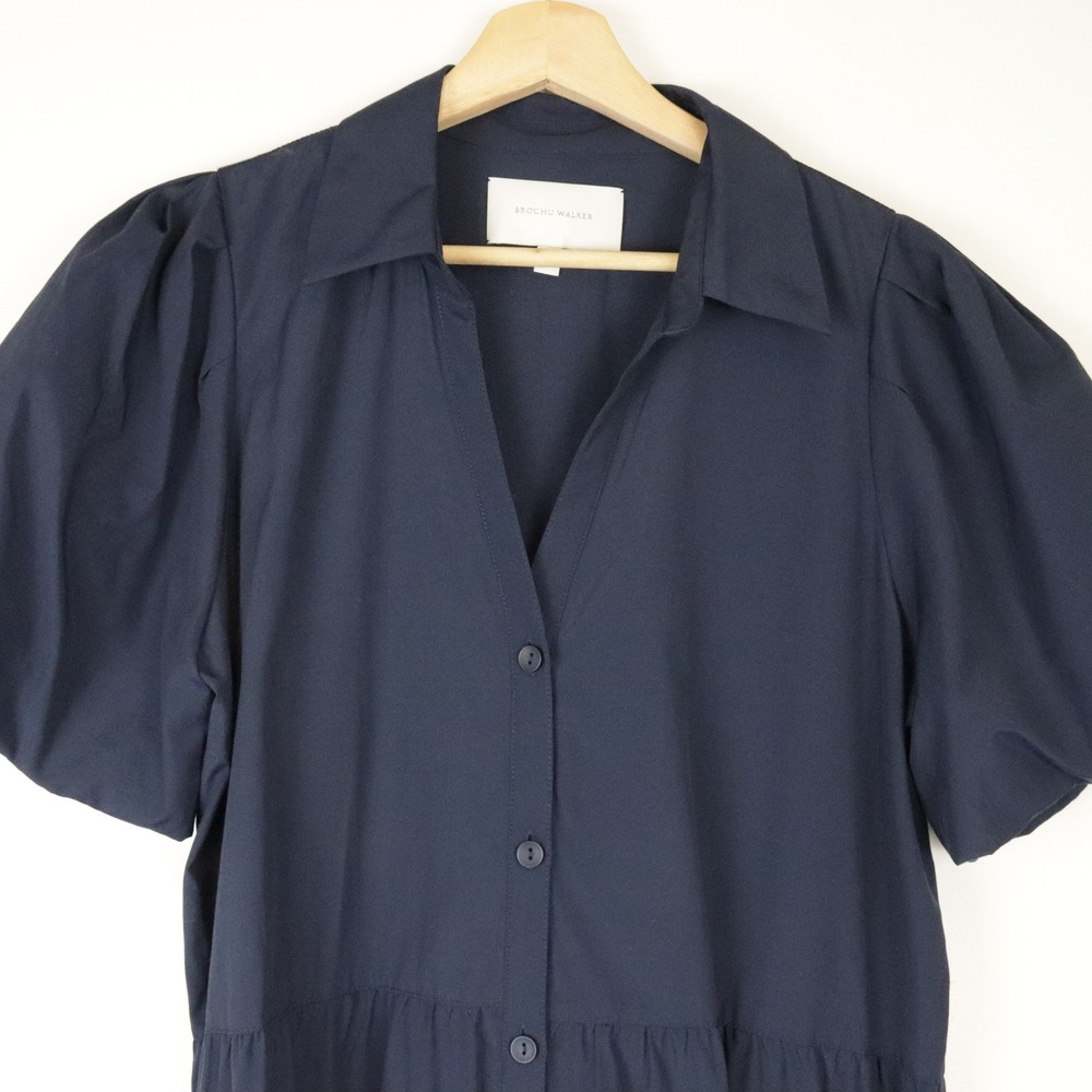 Brochu Walker The Havana Dress Puff Sleeve Tiered Poplin Midi Dress Large Navy - Picture 5 of 10